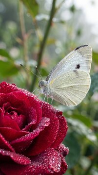 Beautiful white butterfly resting on a blooming red rose with fresh water droplets in a green garden