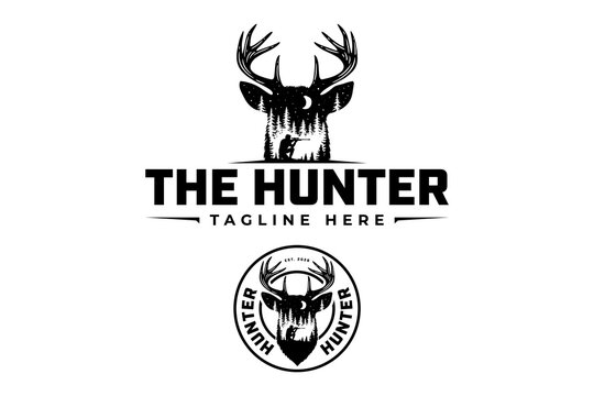 Deer hunting logo with forest and hunter silhouette. Antlered deer and woodland landscape vintage emblem. Forest deer with moon and hunting scene illustration