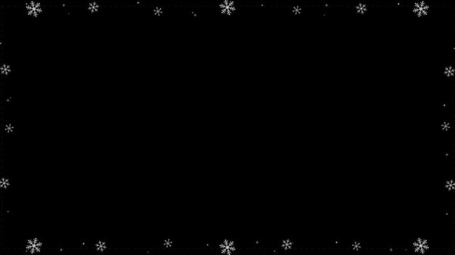 Christmas snowflake border frame animation on black background for holiday winter seasonal video overlay projects