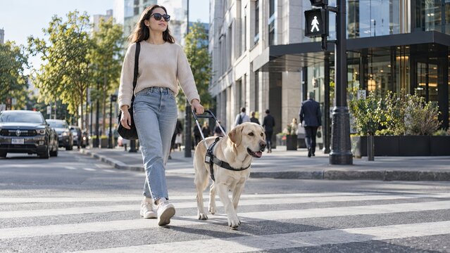 Woman walking a guide dog across a city crosswalk on a sunny urban street.