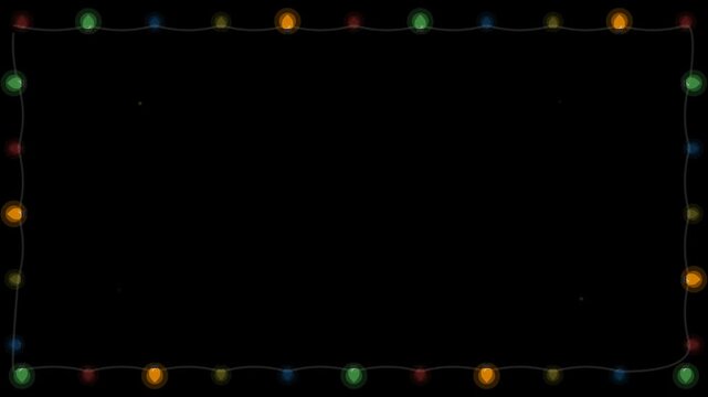 Christmas lights border colorful festive string bulb frame on black background with ample copy space