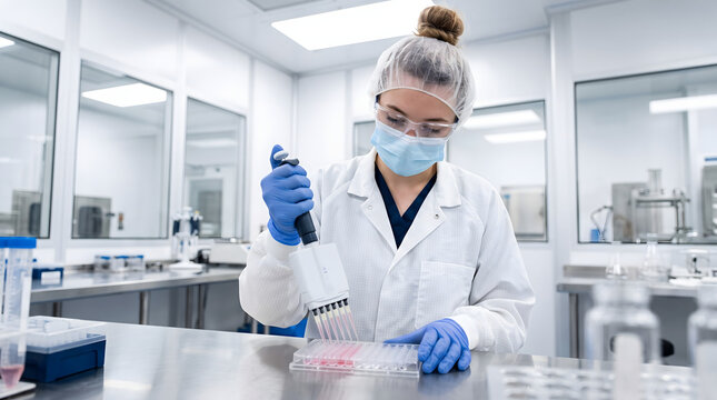 female medical scientist in protective mask and hair net carefully loading pink chemical reagent with multichannel pipette into multiwell assay plate in sterile biopharmaceutical cleanroom