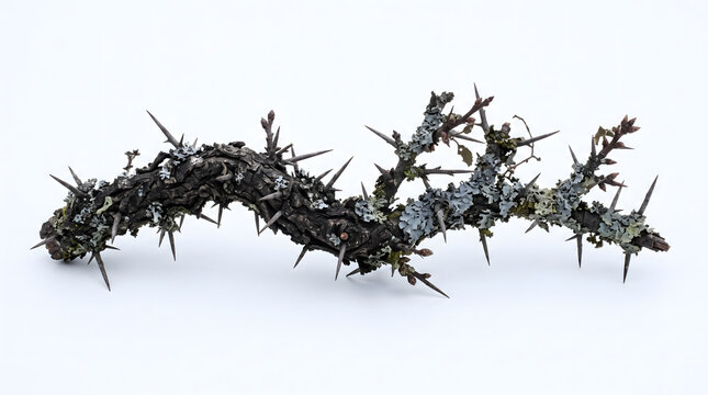 Curved gnarled thorny branch covered in sharp thorns and gray lichen moss isolated on clean white background for dark fairy tale gothic nature symbol and spooky forest wood decoration concept