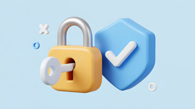 3D render of a padlock with a key and security shield icon symbol.
