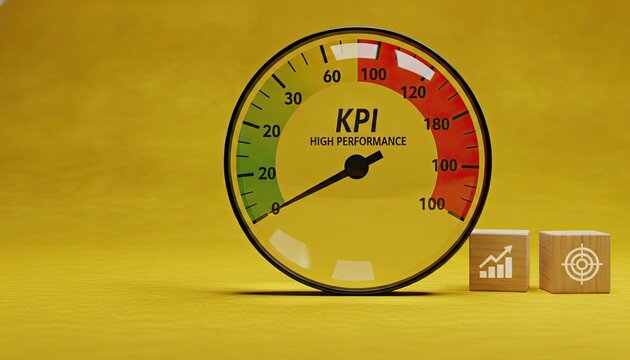 Dashboard gauge indicating high performance for a key performance indicator sits beside wooden blocks with growth and target icons.