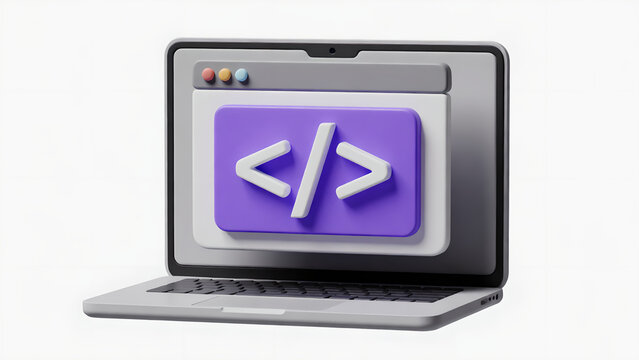 3D render of a laptop screen displaying a software development code icon.