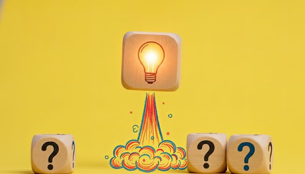 Lightbulb launching from a wooden block symbolizes a bright new idea, with question mark blocks nearby on a yellow background for brainstorm.