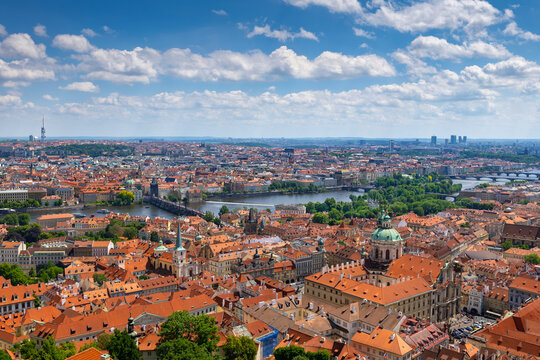 Aerial view shows the urban cityscape of Prague in Czech Republic