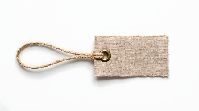 Blank rectangular beige linen fabric price tag with brass eyelet and twisted natural jute twine string isolated on clean white background offering empty copy space for clothing label branding