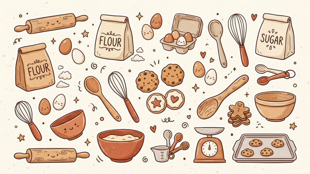 Hand drawn cute kawaii baking doodle clipart set. Kitchen illustration with funny faces on flour, sugar, eggs, whisk, rolling pin, bowl and cookies.