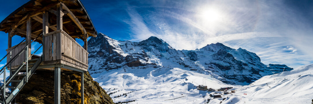 Switzerland, Canton of Bern, Grindelwald, Kleine Scheidegg, summit station and Eiger North Face
