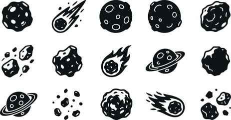 Asteroid, Meteor and Planet Silhouette Vector Icon Set of 15 with Comets and Space Debris    © MirzaAsmaul