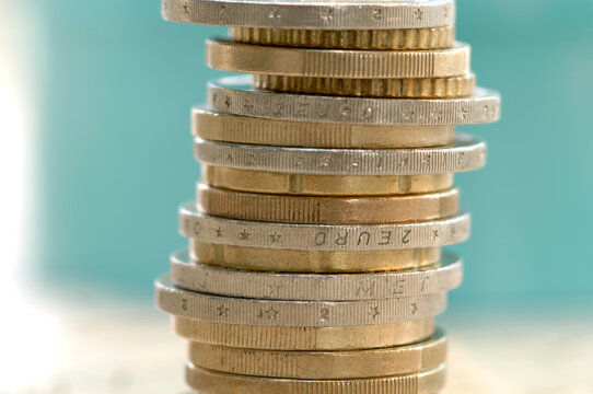 Piled euro coins, close-up