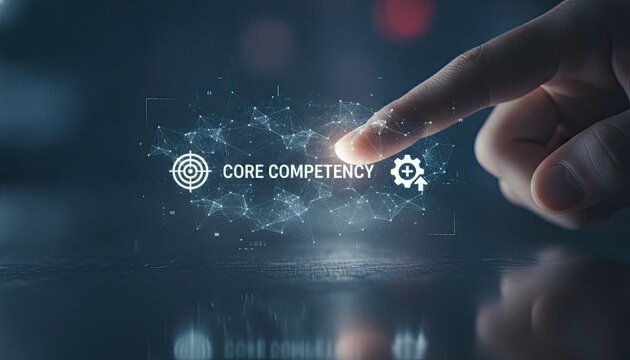 Finger points at a glowing digital network interface containing core competency text and target icons displayed over a dark textured professional surface.
