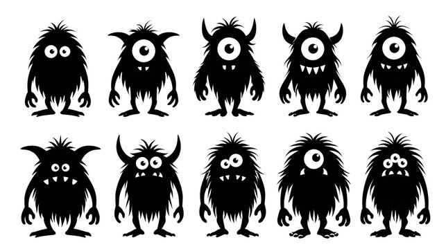 Isolated black monster character on white background with clipping path and varied facial expression