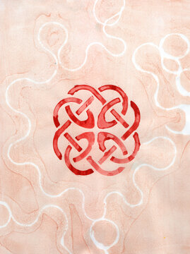 Red watercolor Celtic knot painted on an abstract pink background