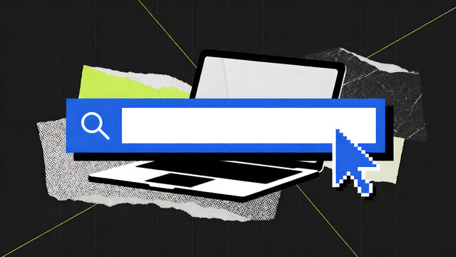 Digital search bar with computer laptop cursor and creative paper collage background elements.