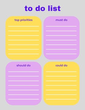To Do List Planner with Prioritization Sections: Top, Must, Should, Could