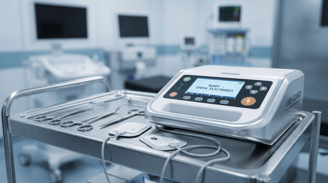 Medical Defibrillator Machine on Trolley in Hospital Operating Room