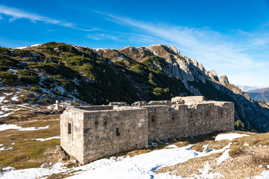 Ruin of Plaetzwiese fort in the Prags Dolomites of South Tyrol