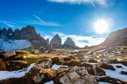 Sunny winter landscape in the Dolomites of South Tyrol Italy