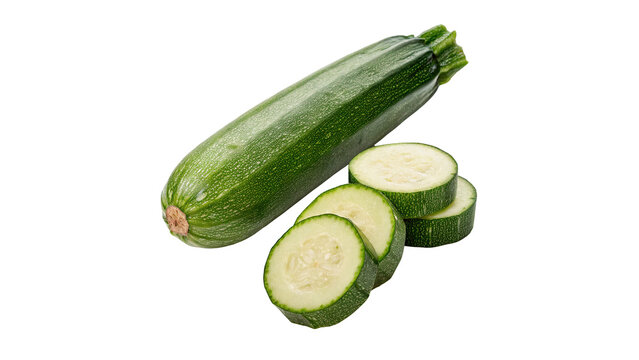 Fresh green zucchini squash whole and sliced pieces isolated on transparent background