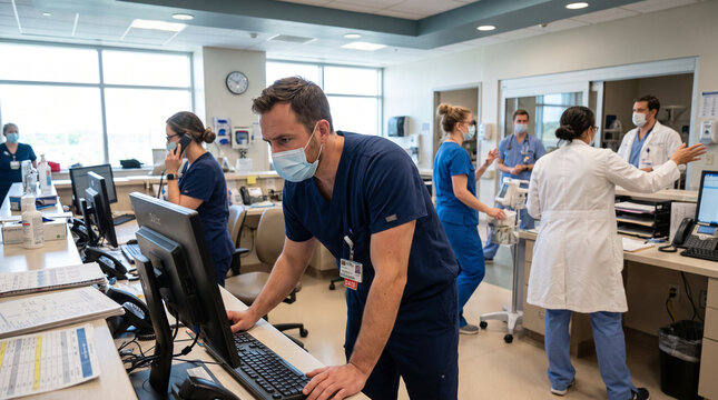 Medical Staff Working In A Busy Hospital Nursing Station - Healthcare Professionals