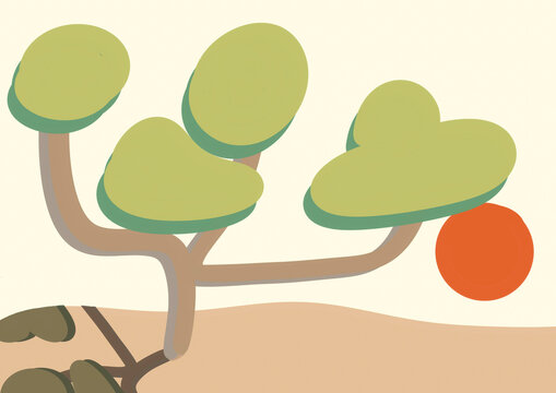 Stylized illustration of a green tree and sun in a landscape