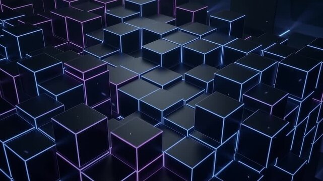 A mesmerizing abstract composition of glowing neon cubes forming a complex futuristic digital structure