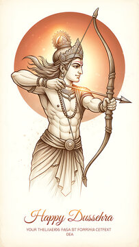 Vintage Lord Rama illustration for Happy Dussehra, Hindu deity with bow and arrow, antique sepia mythological art