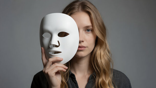 Young woman holding a white theatrical mask covering half of her face.