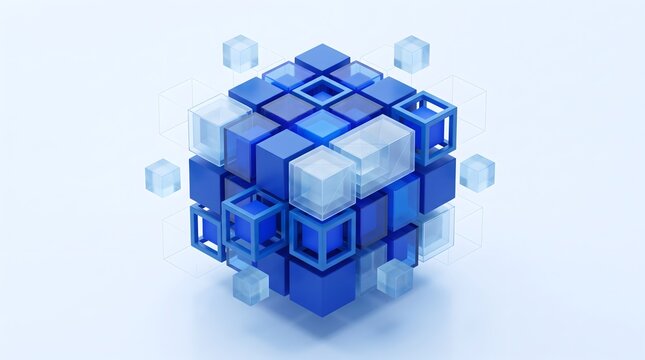 Abstract geometric structure of interconnected blue and transparent cubes and frames representing data network or complex system against a light blue background.
