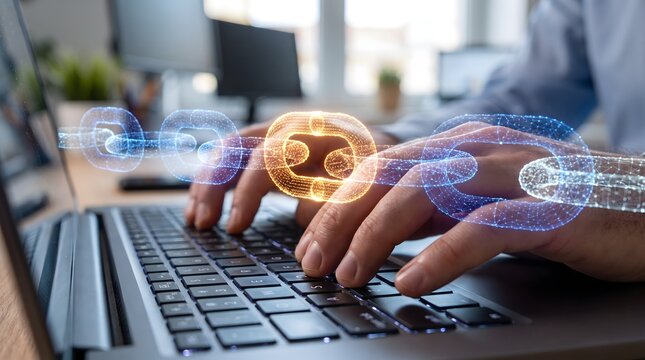 Hands typing on laptop keyboard with glowing digital blockchain network visualization overlay representing data security and connectivity