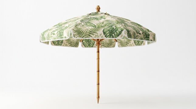 Vintage Tropical Beach Umbrella Isolated on White Background, Green Palm Leaf Pattern Patio Parasol, Retro Outdoor Sun Shade Equipment