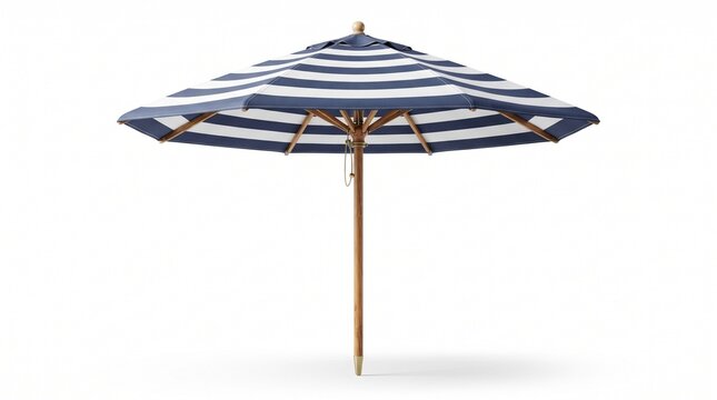 Striped patio umbrella with wooden pole, blue and white outdoor beach parasol isolated on white background, summer sun protection furniture