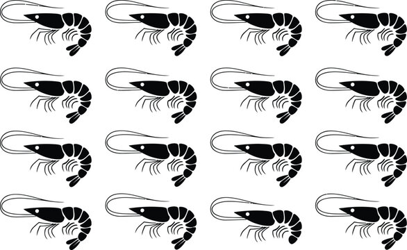 Pattern of black shrimp silhouettes arranged in a grid, representing seafood, crustaceans, and marine life, isolated on a white background