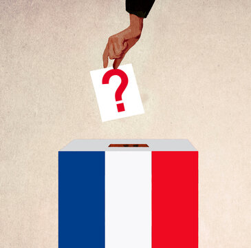 Hand inserts a ballot with a question mark into a French ballot box