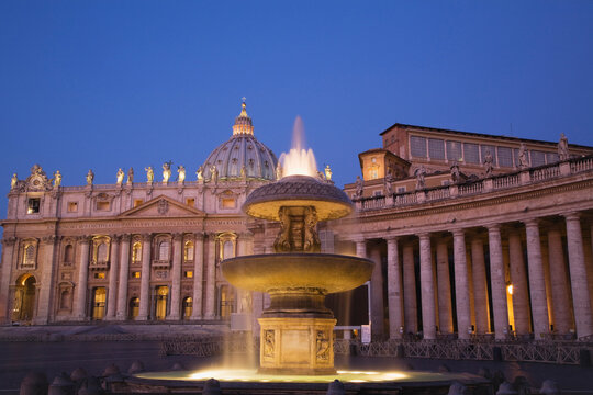 Italy, Rome, Vatican, A view of st peter's basilica with fountain