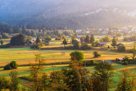 Peaceful morning landscape of Stara Fuzina village in Bohinj Slovenia