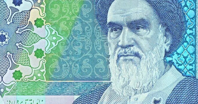 Detailed Khomeini Portraits on Animated Iranian Banknotes. 
