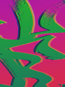 Abstract green and magenta glitch halftone with bold zigzag patterns and datamosh dot breakup on a red background. Drops into a NYE party and music album cover composition with raw punk energy.