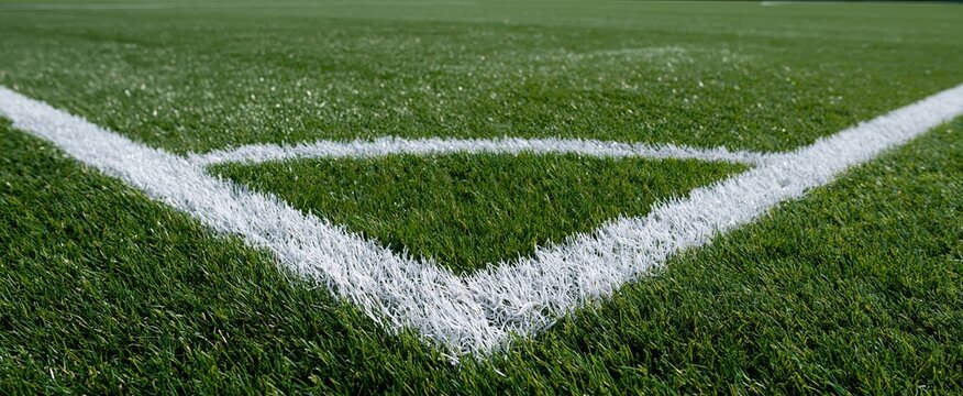 A brightly lit outdoor soccer field corner showcasing vivid green turf and sharp white lines for sports marketing.
