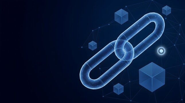 Abstract digital representation of a blockchain network with glowing interconnected chain links and transparent cubes on a dark blue background symbolizing data security and decentralized technology.