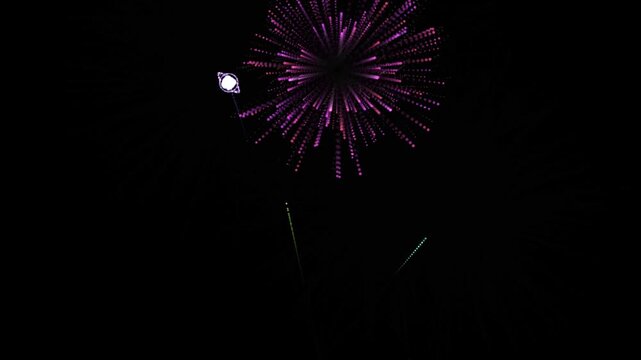 Purple fireworks explosion in night sky, vibrant pyrotechnic display on black background, festive firework burst for celebration and holiday events