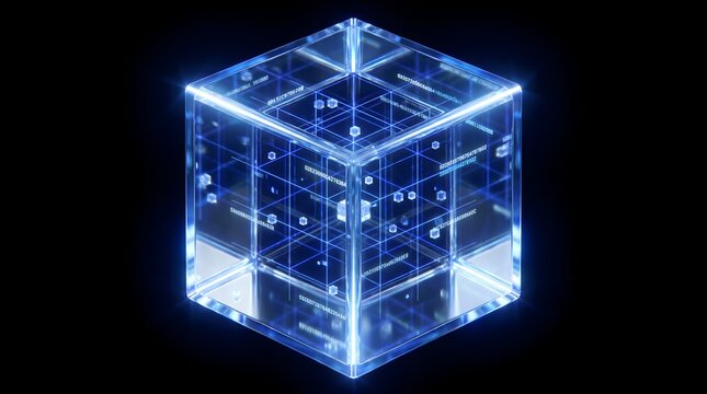 Abstract glowing blue cube with digital grid and data streams representing technology data network and artificial intelligence concepts on a dark background.