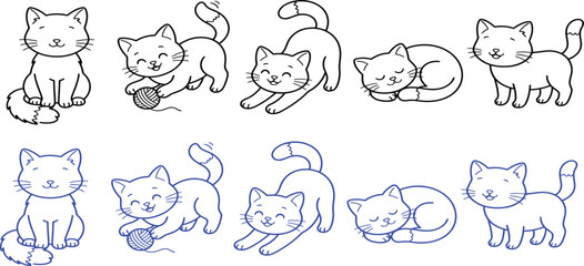 Obraz premium Five cartoon cats in various poses are depicted as a black and white illustration