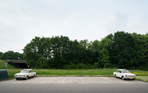 Two Trabant cars parked in an outdoor lot in Dordrecht Netherlands
