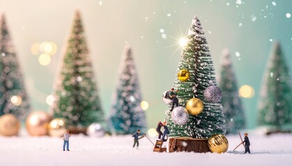 Fototapeta premium Miniature workers decorating christmas tree 