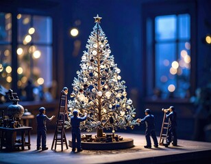 Fototapeta premium Miniature workers decorating christmas tree 