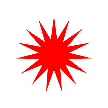 A vibrant red starburst shape with many pointed rays centered against a clean solid white background for graphic design and digital illustration projects